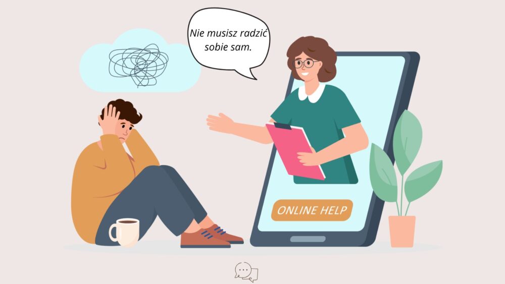 Mężczyzna w kryzysie korzysta z pomocy psychologa online przez telefon; terapeutka mówi "Nie musisz radzić sobie sam". Wybór: psycholog online czy stacjonarnie.